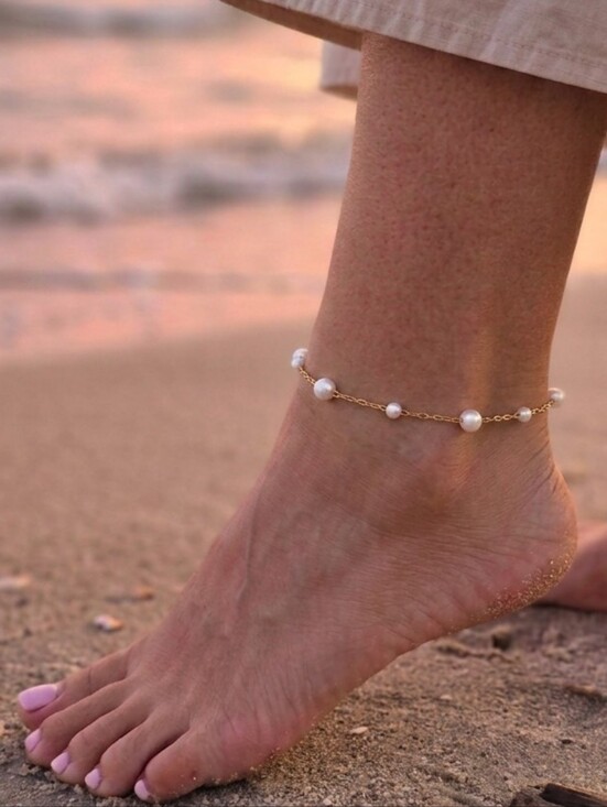 Jewelry - ​Gold Pearl Anklet Dainty Cable Chain Anklet Beach Wedding Bridal Jewelry